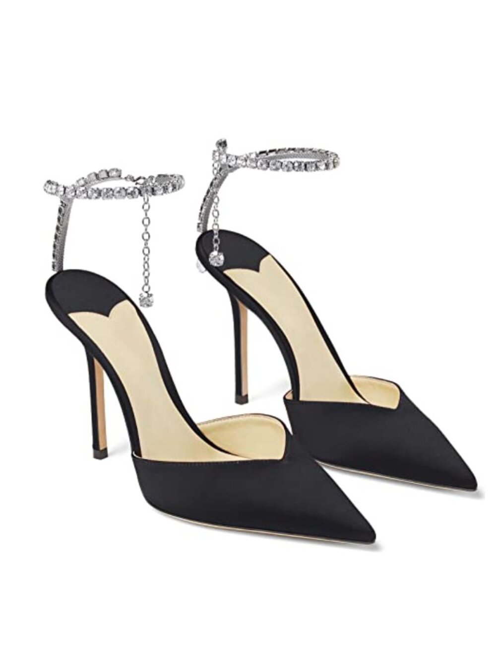 Satin Heeled Sandals Crystal Chain Ankle Strap Stiletto Wedding Party Shoes
